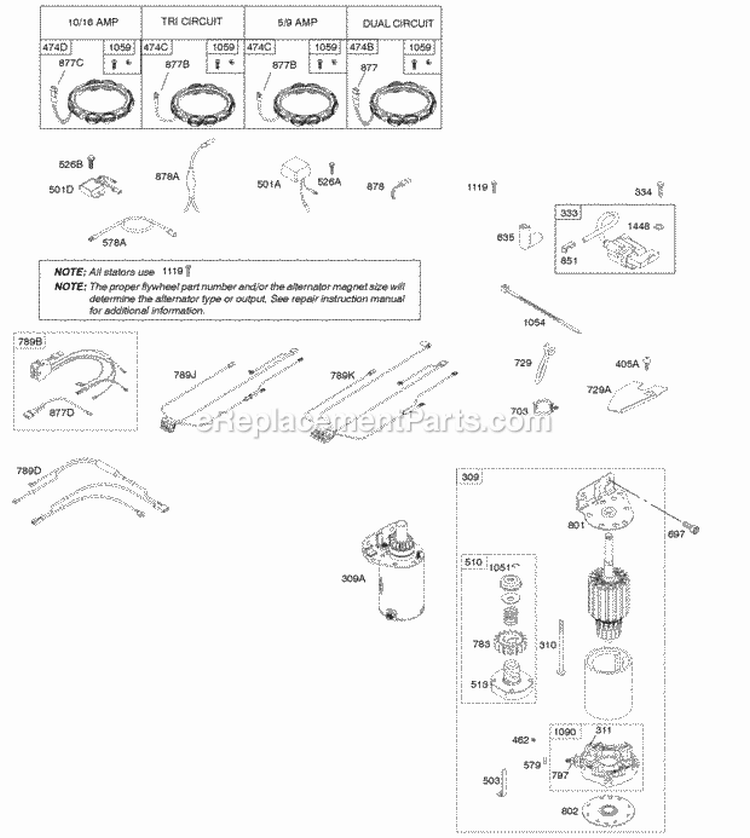 Alternator Electric Starter Ignition Diagram and Parts List for  Briggs and Stratton Engine